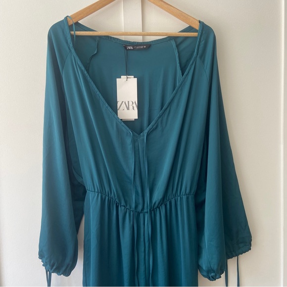 Zara Satin Teal Jumpsuit with elastic waist, wide leg - Size M - Picture 9 of 10